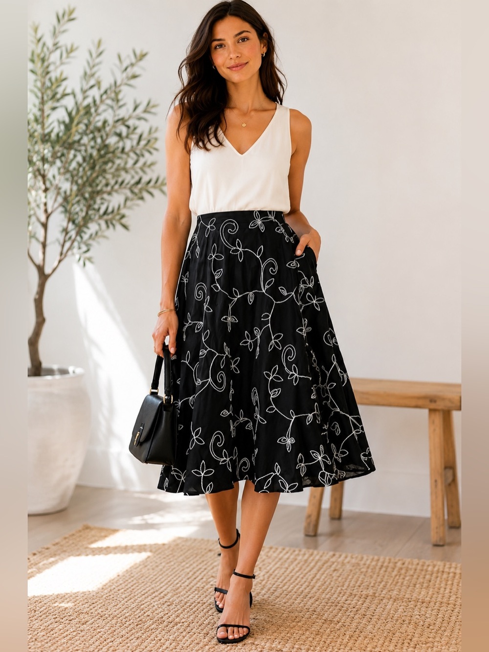 Caslon Black White Embroidered Floral A-Line Midi Skirt NWT Cotton Size 8